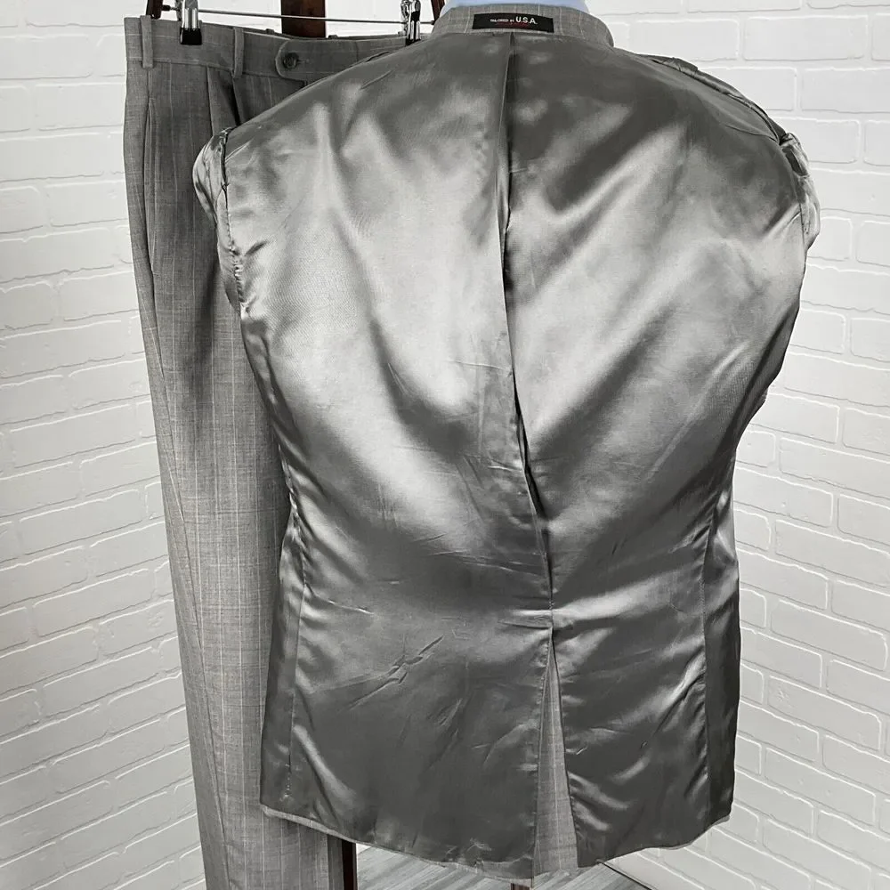 Corporate Image Tom James Suit Men 42 32Wx28L Gray White‎ Stripe Classic USA VTG